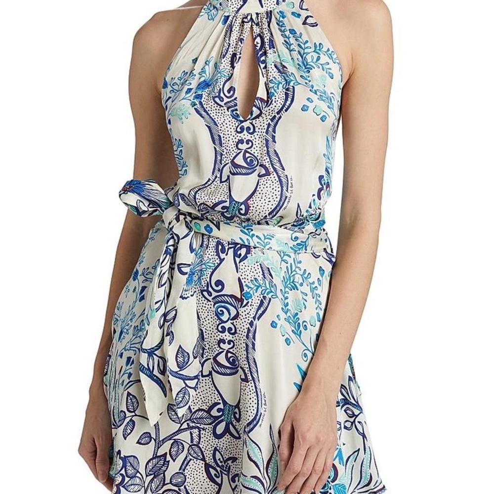 Poupette St. Barth White Strapless Dress with Blue Botanical Print